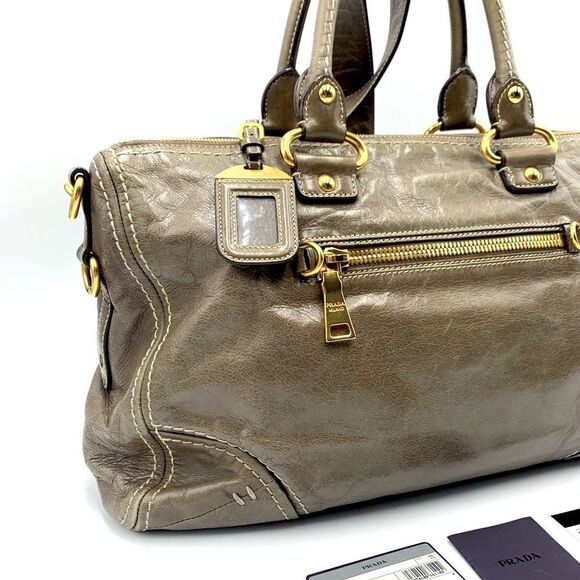 Auth PRADA Vitello Shine Bauletto Leather Tote Bag in Pomice Preloved Very Good - Picture 9 of 15